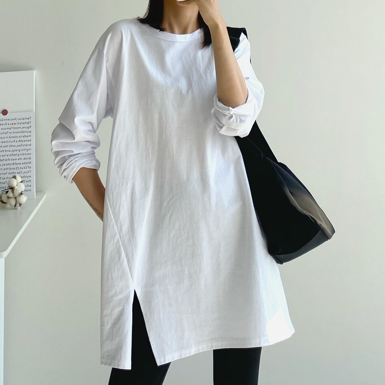 ロングT 無地 ホワイト ファッション スリット ゆったり 長袖 Tシャツ -nastyle.com
