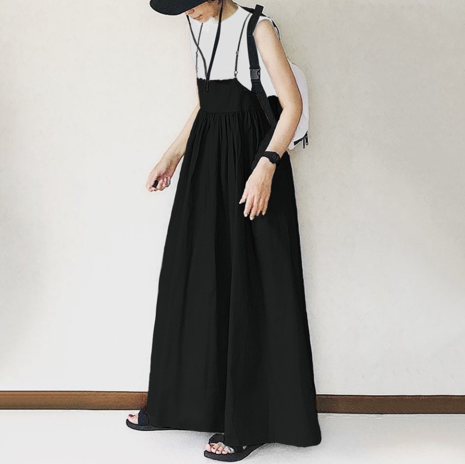 絶対流行 ファッション 黒 サロペットスカート 無地 Aライン ギャザー飾り キャミソール マキシ ワンピース -yle.com
