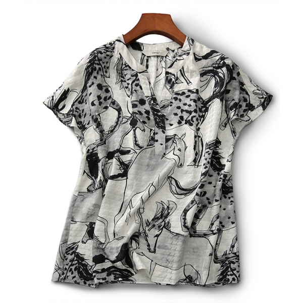 高級感 アート系 総柄 ファッション プリント シャツ 半袖 ブラウス -yle.com